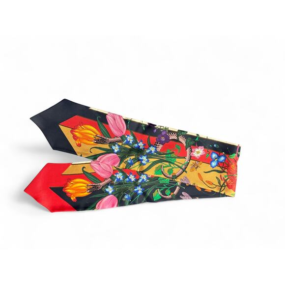 Gucci Silk Flora Snake Twill Neck Bow Scarf in Red & Blue – With Box - Picture 5 of 5